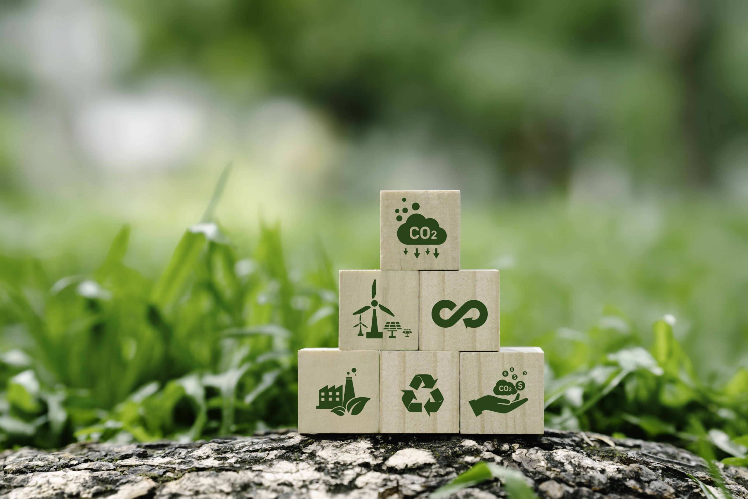 icon reduction of carbon emissions, carbon neutral, Net zero greenhouse gas emissions target, reducing carbon footprint concept, and CO2 emissions target on wooden cubes